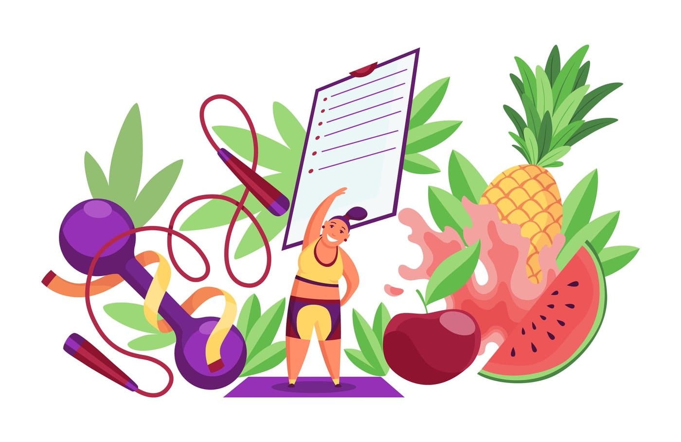 An illustration of a person exercising surrounded by fresh fruit and vegetables