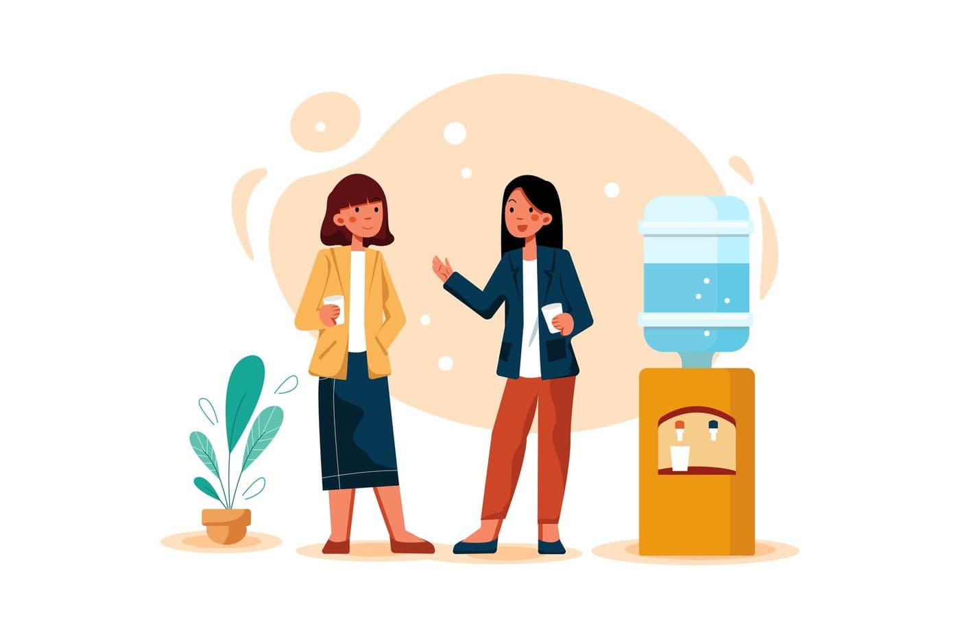 An illustration of two colleagues talking beside a water cooler