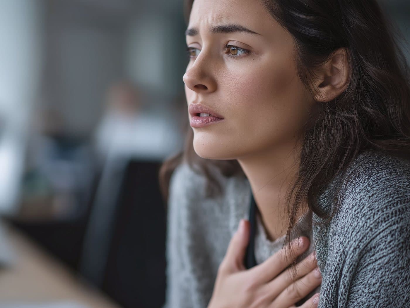 A woman with a hand on her chest, breathing through a wave of panic