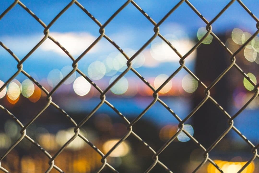 A chain link fence at dusk with city lights beyond it
