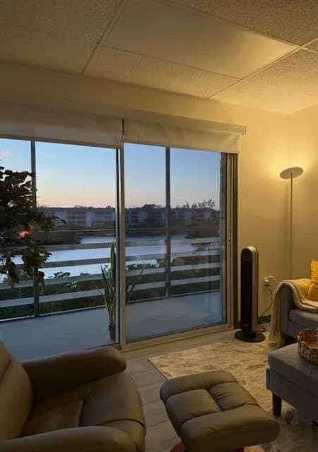 Waiting area with a water view
