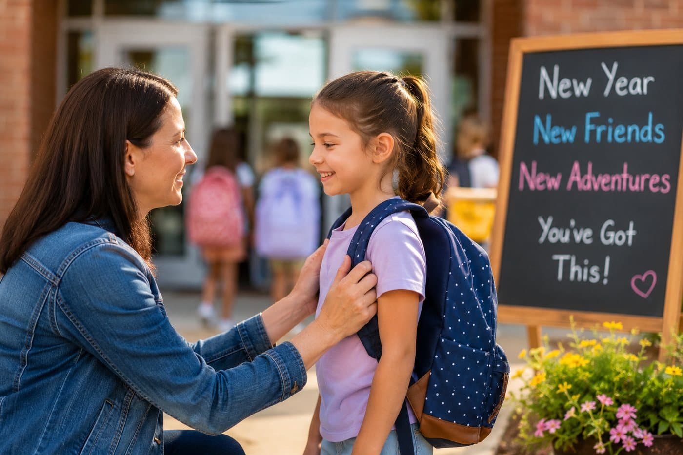 A mother and her daughter smiling together outside school
