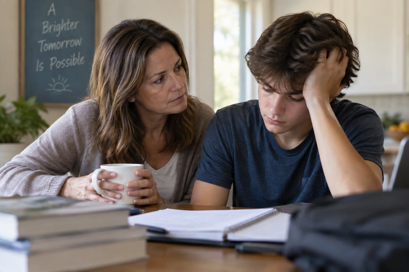 A mother and her teenage son talking at a table stacked with schoolbooks